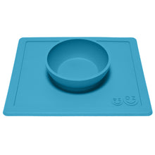 Laden Sie das Bild in den Galerie-Viewer, EZPZ Happy Bowl Silikon Schüssel Farbe blau Essmatte