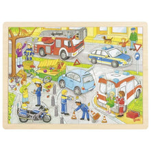 Laden Sie das Bild in den Galerie-Viewer, Goki -  Holz Einlegepuzzle Puzzle Polizeieinsatz 56 Teile