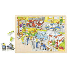 Laden Sie das Bild in den Galerie-Viewer, Goki -  Holz Einlegepuzzle Puzzle Polizeieinsatz 56 Teile