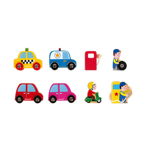 Janod - Holz Tankstelle Parkgarage SET mit Zubehör Fahrzeuge
