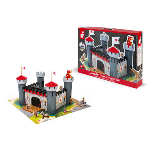 Janod - Holz Drachenschloss Ritterburg SET Puzzle mit Burg und Figuren
