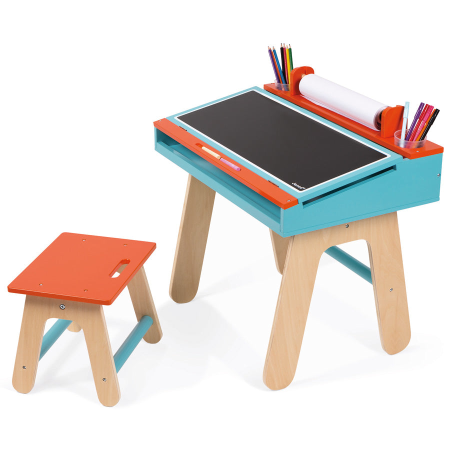 Janod - Holz Schreibtisch Kombination SET mit Stuhl und Zubehör blau orange
