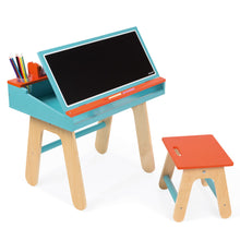 Laden Sie das Bild in den Galerie-Viewer, Janod - Holz Schreibtisch Kombination SET mit Stuhl und Zubehör blau orange