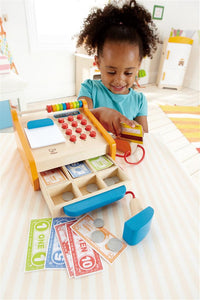 Hape - Holz Kasse Registrierkasse inkl. Spielgeld, Scanner und Bankkarte