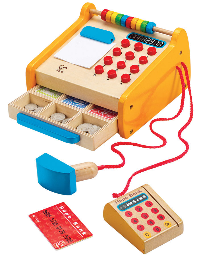 Hape - Holz Kasse Registrierkasse inkl. Spielgeld, Scanner und Bankkarte