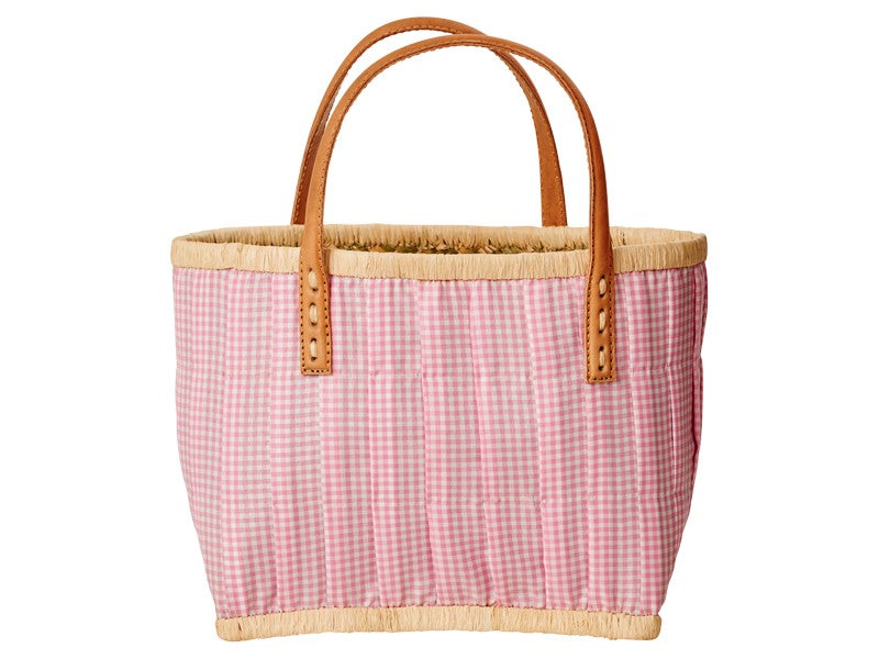 Rice - Rafia Bastkorb Kinderkorb rosa mit Ledergriffe