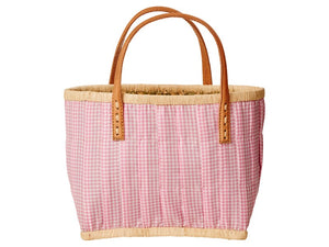 Rice - Rafia Bastkorb Kinderkorb rosa mit Ledergriffe