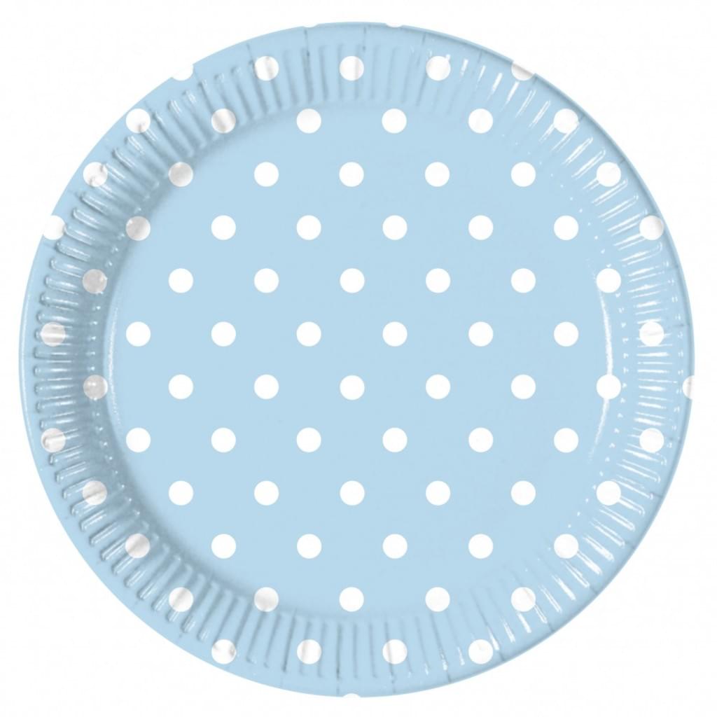 Pappteller Set 18,5 cm klein, hellblau mit weißen Punkten