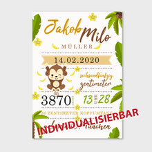 Laden Sie das Bild in den Galerie-Viewer, Stekora Design - Babydaten Poster Motiv Affe