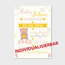 Laden Sie das Bild in den Galerie-Viewer, Stekora Design - Babydaten Leinwand Motiv Teddy