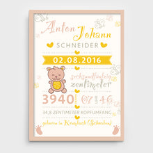 Laden Sie das Bild in den Galerie-Viewer, Stekora Design - Babydaten Poster Motiv Teddy