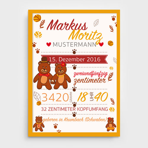 Stekora Design - Babydaten Poster Motiv Bären