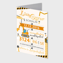 Laden Sie das Bild in den Galerie-Viewer, Stekora Design - Babydaten Karten SET Motiv Bagger