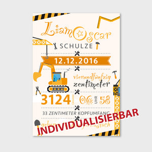 Stekora Design - Babydaten Karten SET Motiv Bagger