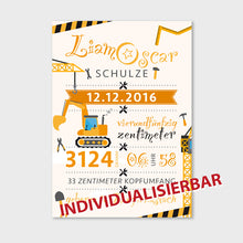 Laden Sie das Bild in den Galerie-Viewer, Stekora Design - Babydaten Poster Motiv Bagger