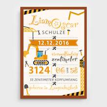 Laden Sie das Bild in den Galerie-Viewer, Stekora Design - Babydaten Poster Motiv Bagger