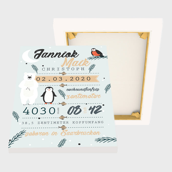 Stekora Design - Babydaten Leinwand Motiv Eisbär Pinguin