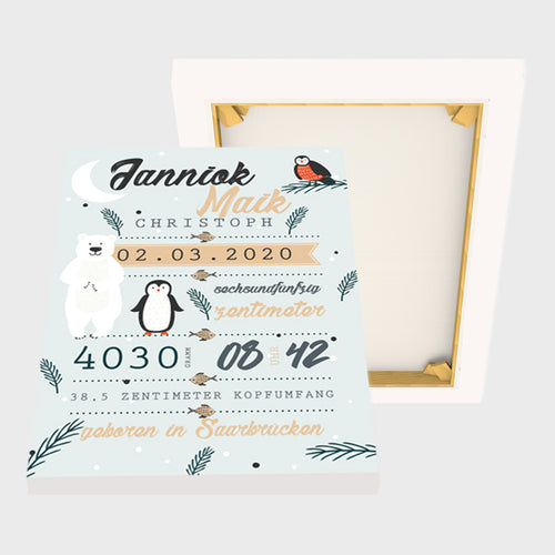 Stekora Design - Babydaten Leinwand Motiv Eisbär Pinguin