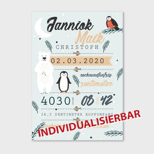Laden Sie das Bild in den Galerie-Viewer, Stekora Design - Babydaten Poster Motiv Eisbär Pinguin