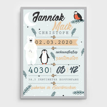 Laden Sie das Bild in den Galerie-Viewer, Stekora Design - Babydaten Poster Motiv Eisbär Pinguin
