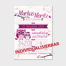 Laden Sie das Bild in den Galerie-Viewer, Stekora Design - Babydaten Poster Motiv Eule