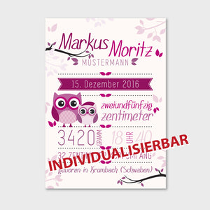 Stekora Design - Babydaten Poster Motiv Eule