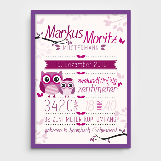 Stekora Design - Babydaten Poster Motiv Eule