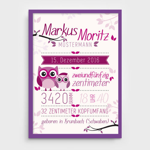 Stekora Design - Babydaten Poster Motiv Eule