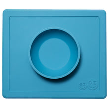 Laden Sie das Bild in den Galerie-Viewer, EZPZ Happy Bowl Silikon Schüssel Farbe blau Essmatte