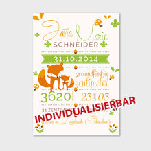 Laden Sie das Bild in den Galerie-Viewer, Stekora Design - Babydaten Leinwand Motiv Fuchs