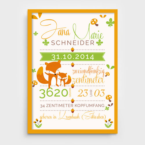 Stekora Design - Babydaten Poster Motiv Fuchs
