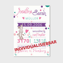 Laden Sie das Bild in den Galerie-Viewer, Stekora Design - Babydaten Poster Motiv Hase