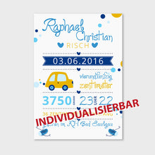 Laden Sie das Bild in den Galerie-Viewer, Stekora Design - Babydaten Poster Motiv Auto