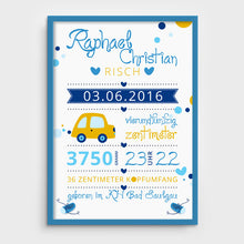 Laden Sie das Bild in den Galerie-Viewer, Stekora Design - Babydaten Poster Motiv Auto