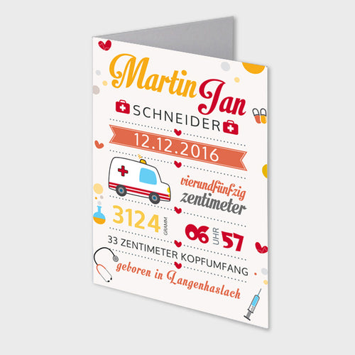 Stekora Design - Babydaten Karten SET Motiv Krankenwagen