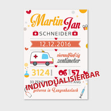 Laden Sie das Bild in den Galerie-Viewer, Stekora Design - Babydaten Poster Motiv Krankenwagen