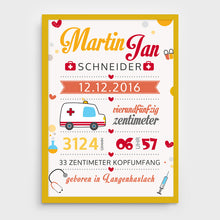 Laden Sie das Bild in den Galerie-Viewer, Stekora Design - Babydaten Poster Motiv Krankenwagen