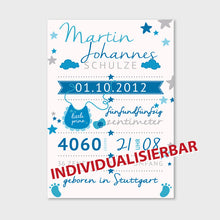 Laden Sie das Bild in den Galerie-Viewer, Stekora Design - Babydaten Poster Motiv Latz blau