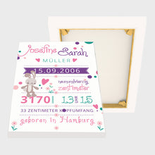 Laden Sie das Bild in den Galerie-Viewer, Stekora Design - Babydaten Leinwand Motiv Hase
