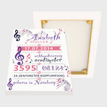 Laden Sie das Bild in den Galerie-Viewer, Stekora Design - Babydaten Leinwand Motiv Noten