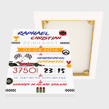 Laden Sie das Bild in den Galerie-Viewer, Stekora Design - Babydaten Leinwand Motiv Rennwagen