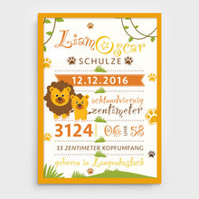 Laden Sie das Bild in den Galerie-Viewer, Stekora Design - Babydaten Poster Motiv Löwe