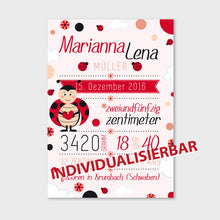 Laden Sie das Bild in den Galerie-Viewer, Stekora Design - Babydaten Poster Motiv Marienkäfer
