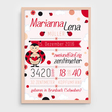 Laden Sie das Bild in den Galerie-Viewer, Stekora Design - Babydaten Poster Motiv Marienkäfer