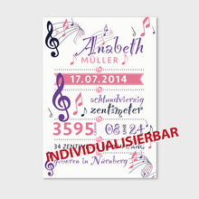 Laden Sie das Bild in den Galerie-Viewer, Stekora Design - Babydaten Poster Motiv Noten