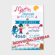 Laden Sie das Bild in den Galerie-Viewer, Stekora Design - Babydaten Poster Motiv Pirat