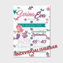 Laden Sie das Bild in den Galerie-Viewer, Stekora Design - Babydaten Poster Motiv Meerjungfrau