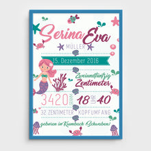 Laden Sie das Bild in den Galerie-Viewer, Stekora Design - Babydaten Poster Motiv Meerjungfrau