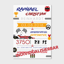Laden Sie das Bild in den Galerie-Viewer, Stekora Design - Babydaten Leinwand Motiv Rennwagen