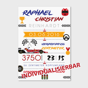 Stekora Design - Babydaten Leinwand Motiv Rennwagen
